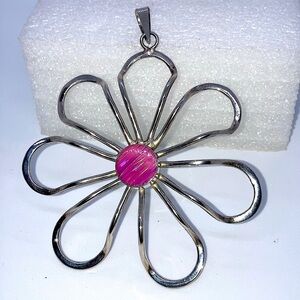 Vtg Sterling & Pink Fire Opal HUGE Floral Daisy Flower 925 Pendant 4.1” L / 21g